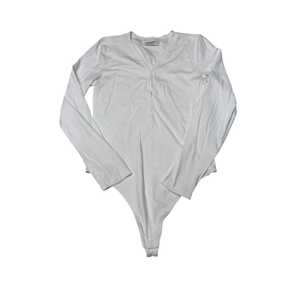 Aritzia Babaton White Long Sleeve Henley Bodysuit V-Neck Snap Closure Womens L